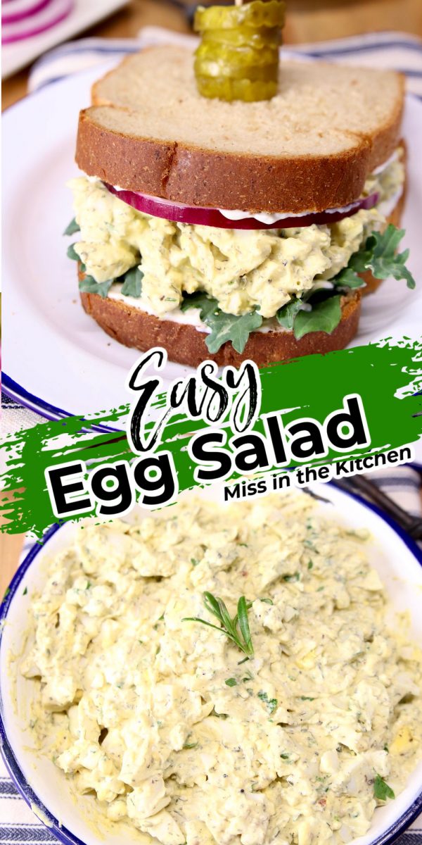 Collage of egg salad sandwich and bowl of egg salad - text overlay
