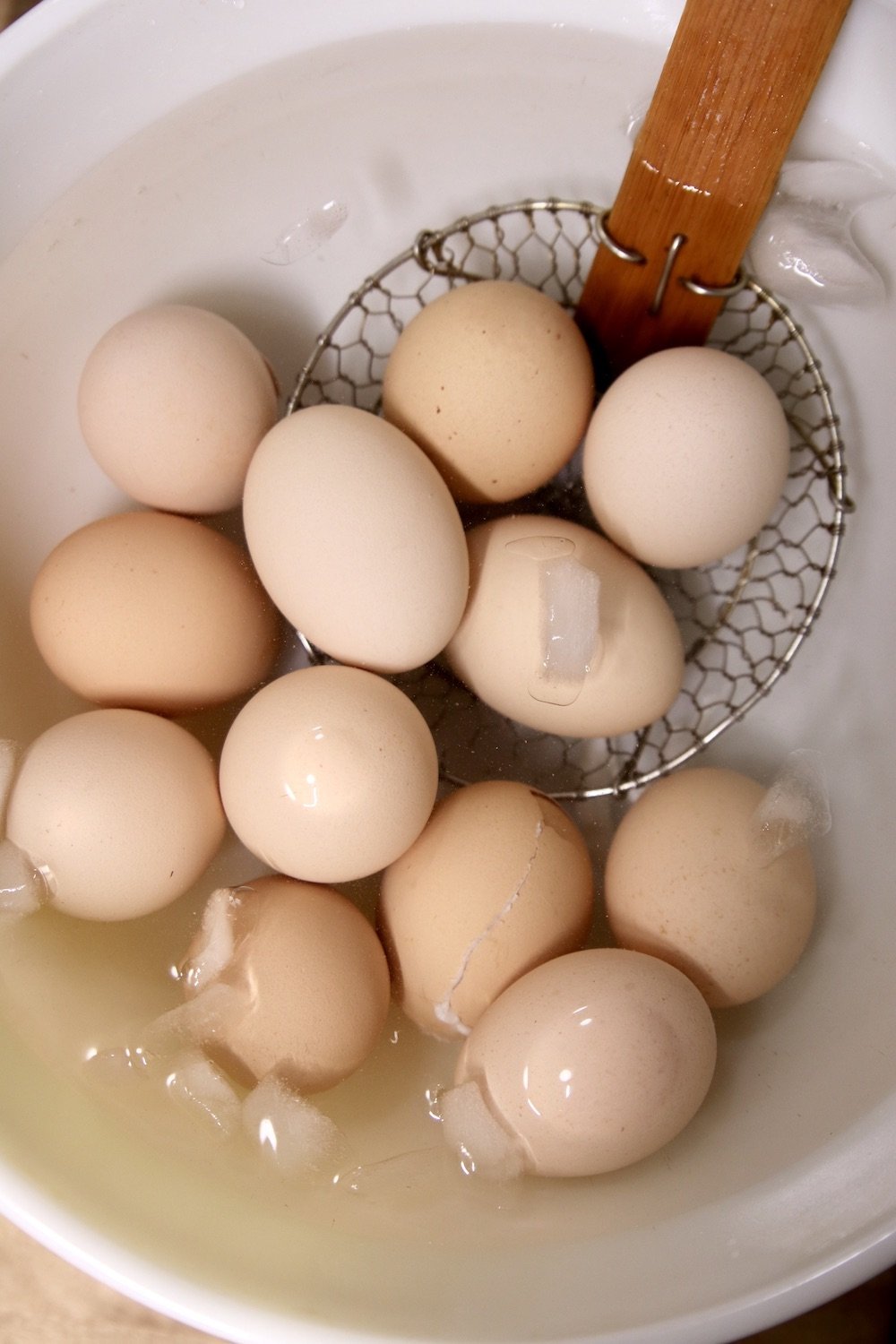 Boiled eggs in an ice water bath