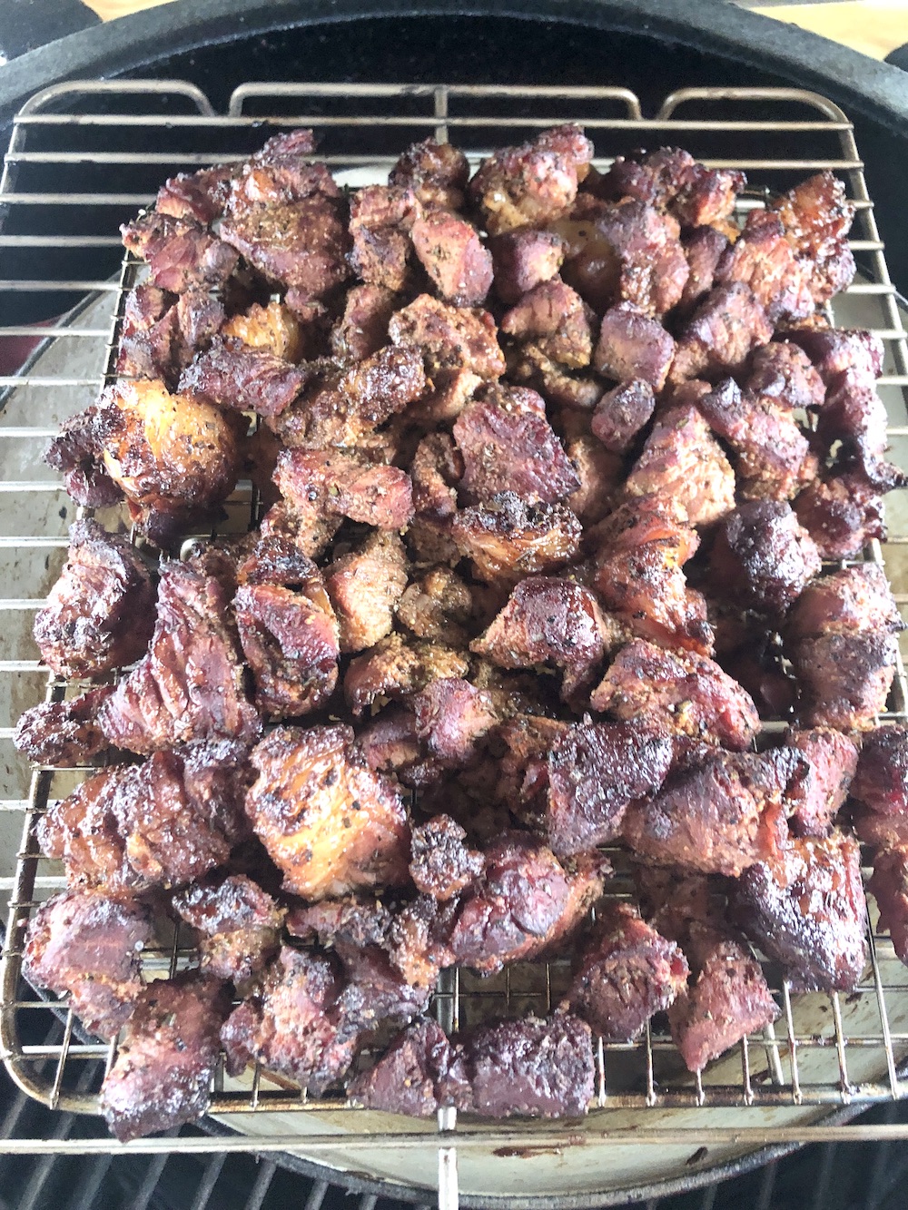 Cooked sirloin chunks over dutch oven