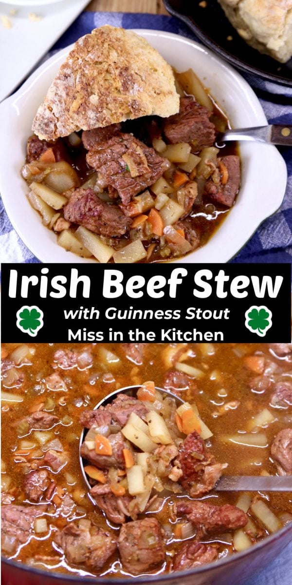 Irish Beef Stew collage with text -served in a bowl with soda bread and ladle in dutch oven