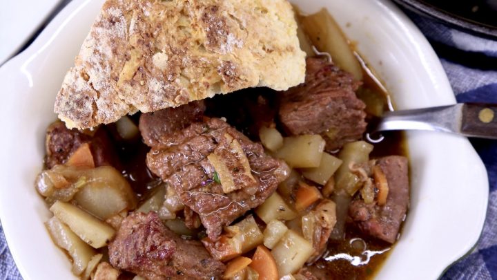 Irish Beef Stew with Soda Bread in a bowl