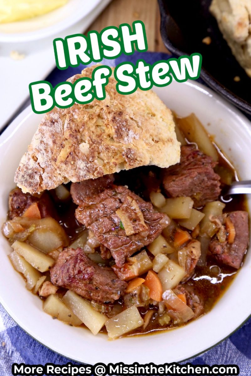 Irish Beef Stew in a bowl with Soda Bread Wedge