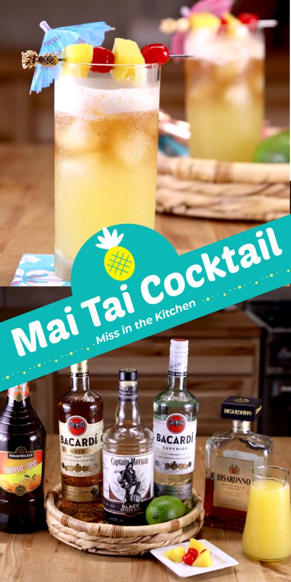 Collage of Mai Tai Cocktail with drinks in glasses and ingredient bottles below