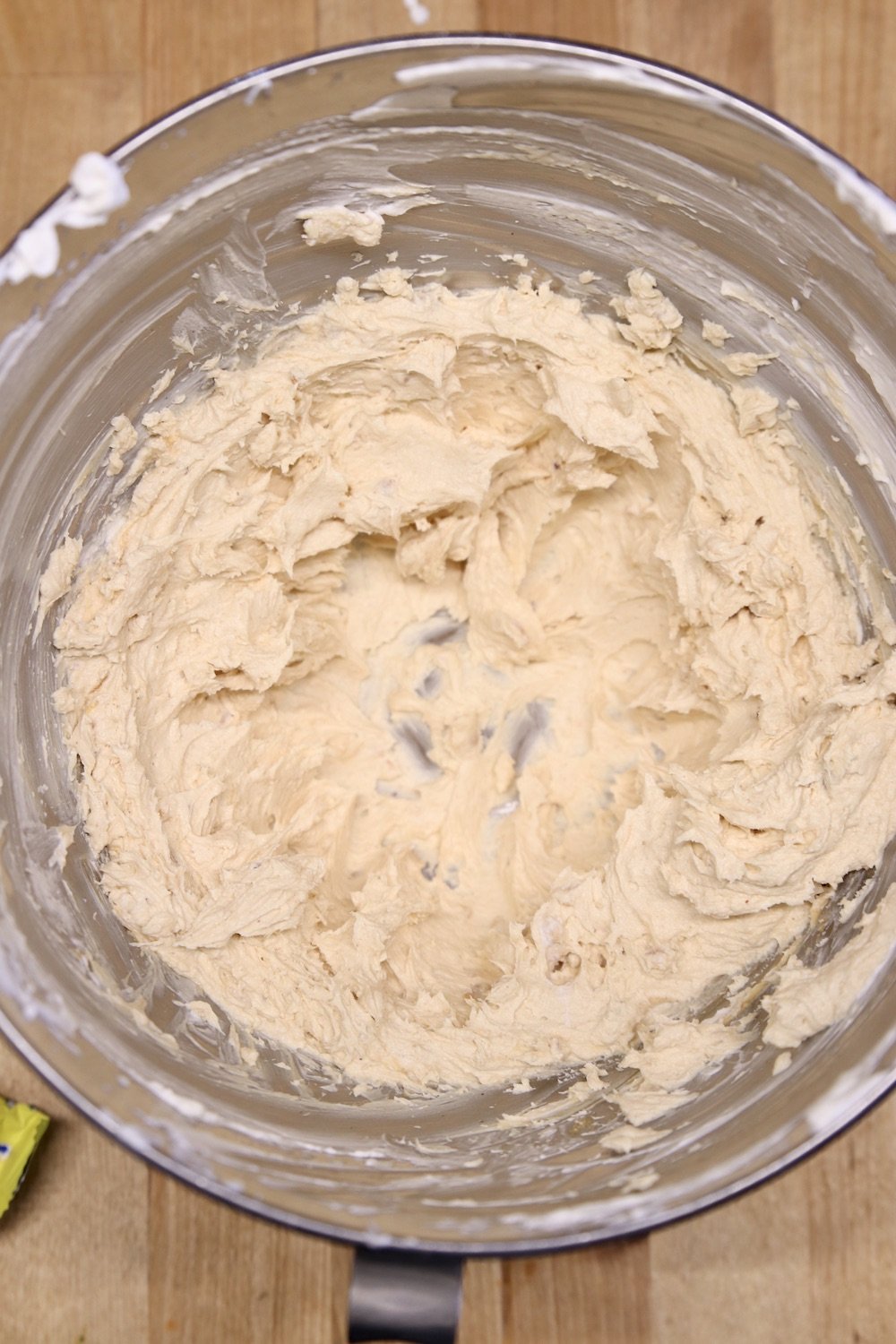 whipped cream cheese and peanut butter in a mixer bowl