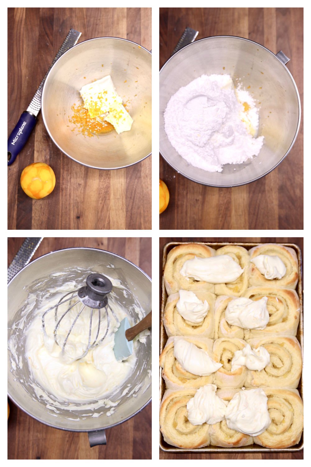 collage bowl of cream cheese icing ingredients, mixed and on top of sweet rolls