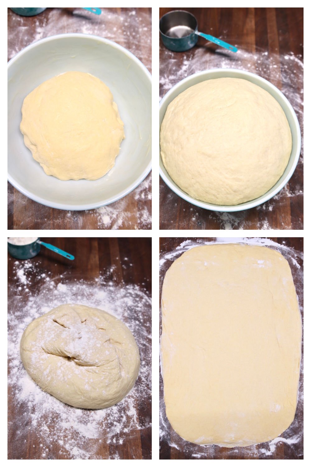Collage of yeast dough rising, rolling out to a rectangle