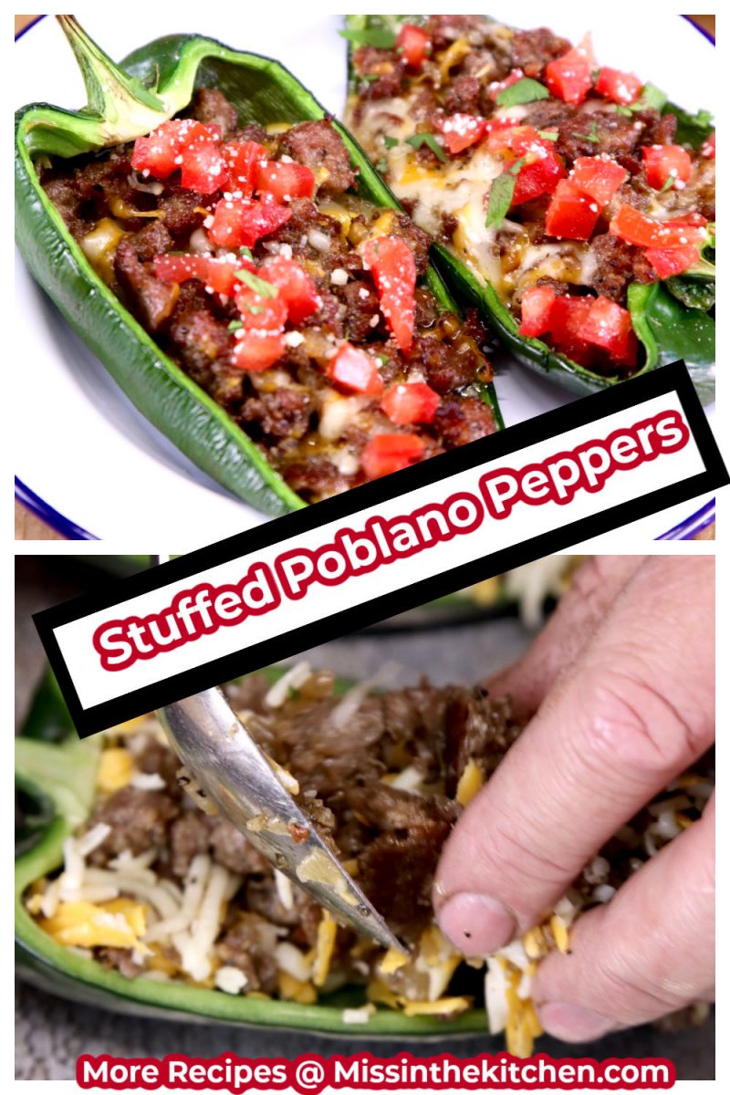 Collage of stuffed peppers plated with tomato garnish and stuffing with a spoon
