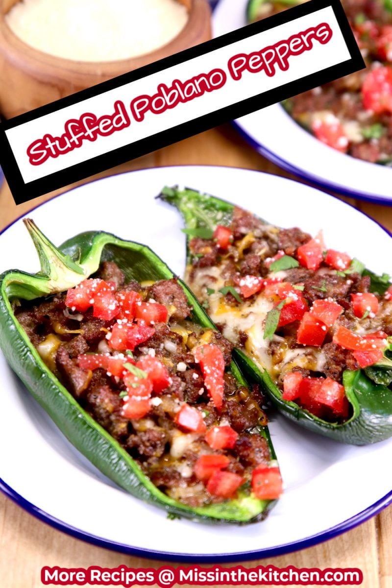 Stuffed Poblano Peppers plated with text overlay