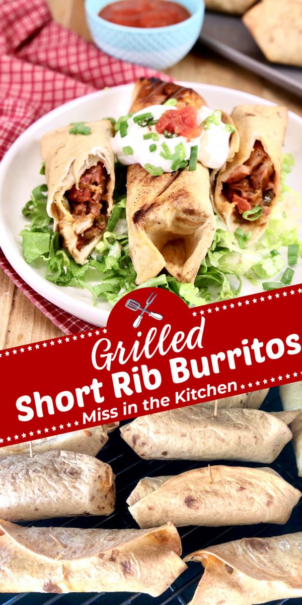 Grilled Short Rib Burritos collage - on a plate and on the grill