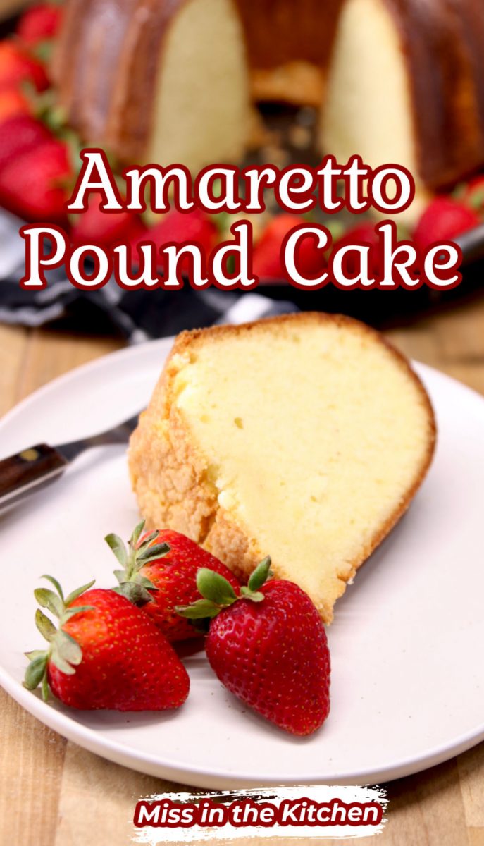 Amaretto Pound Cake Slice with Strawberries- text overlay