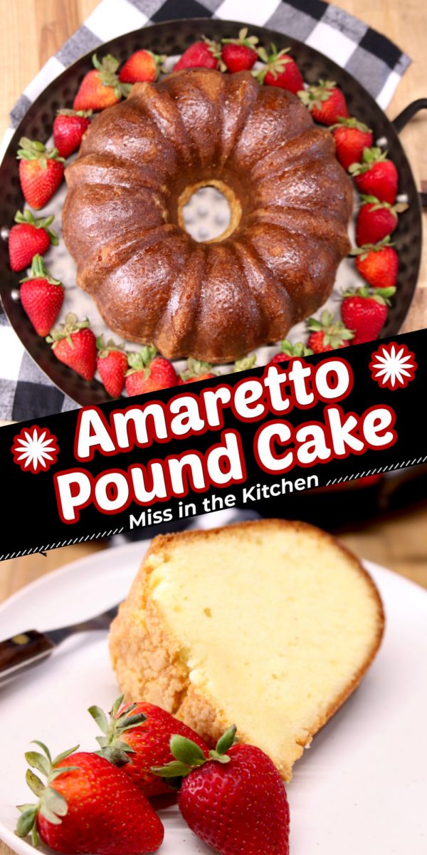 collage - Amaretto Pound Cake on a serving tray/ slice on a plate with strawberries