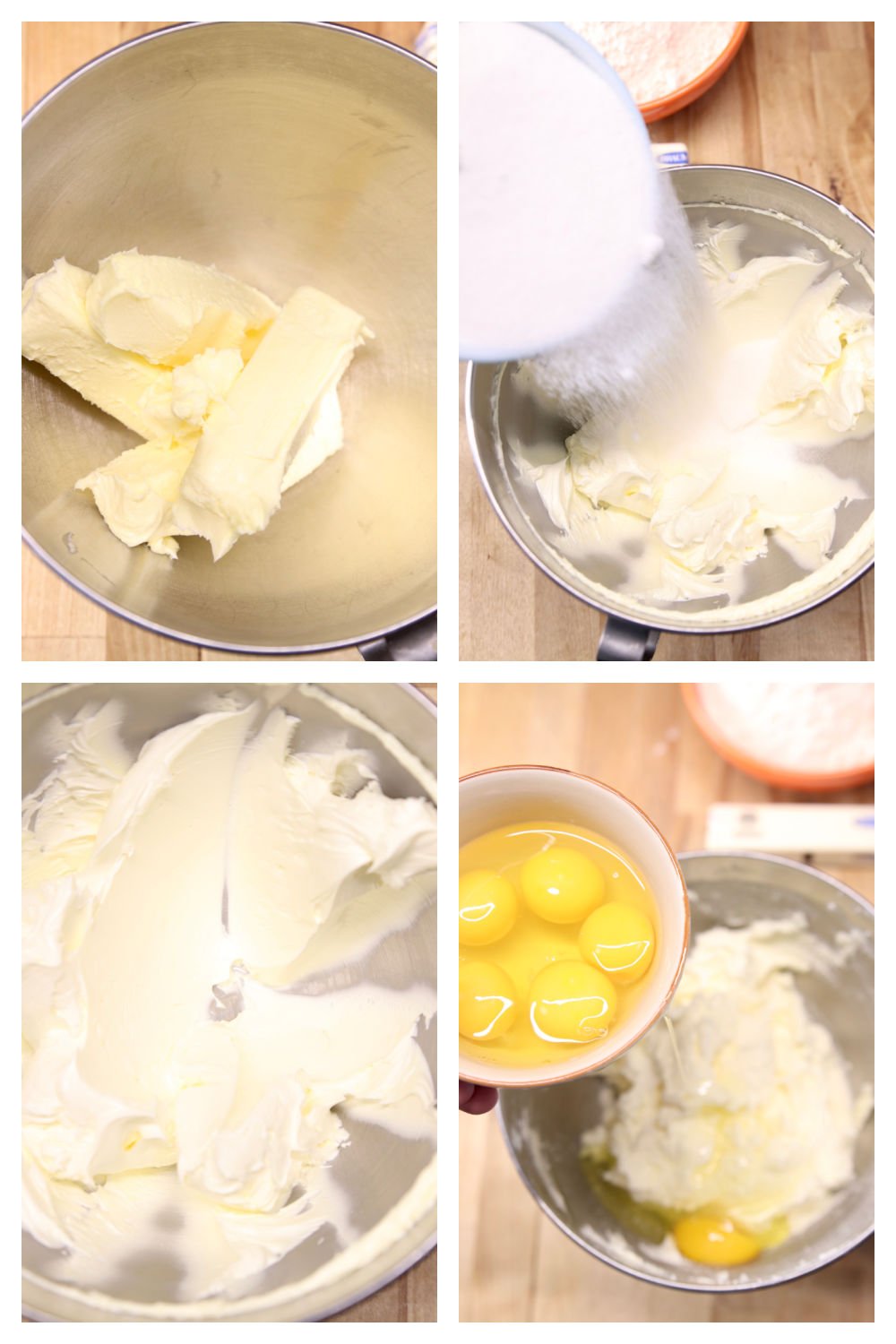 step by step creaming butter, adding sugar and then eggs for pound cake