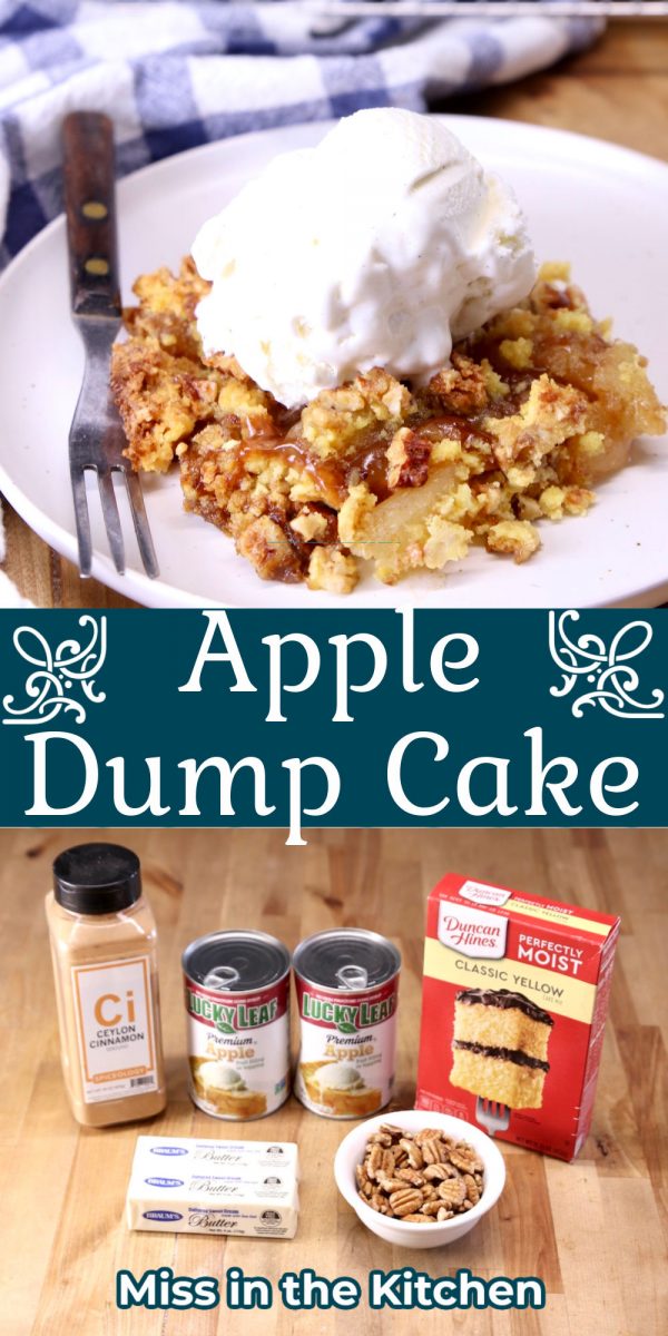 apple dump cake collage - served with ice cream over ingredients