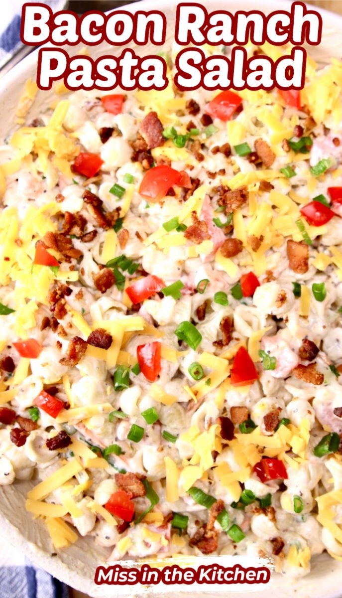 bacon ranch pasta salad with text overlay