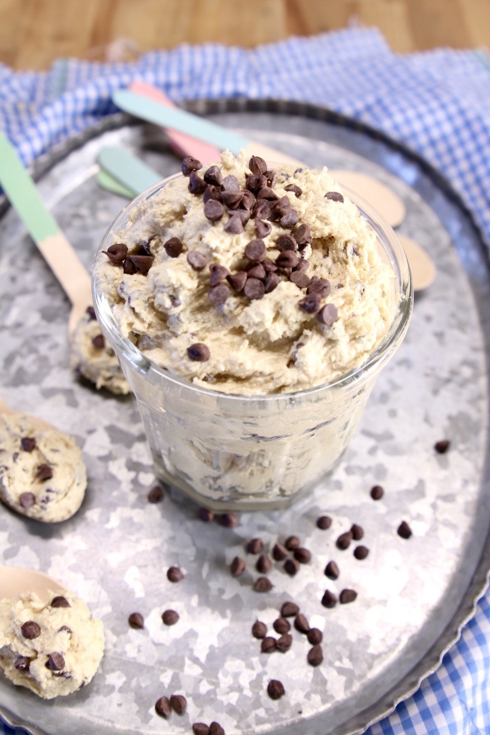 Cookie Dough in a jar and on serving spoons