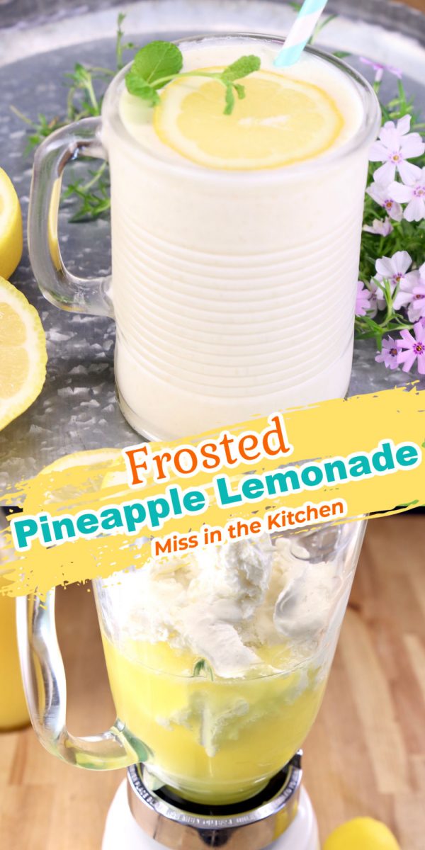 frosted pineapple lemonade collage. Served in a glass and in blender