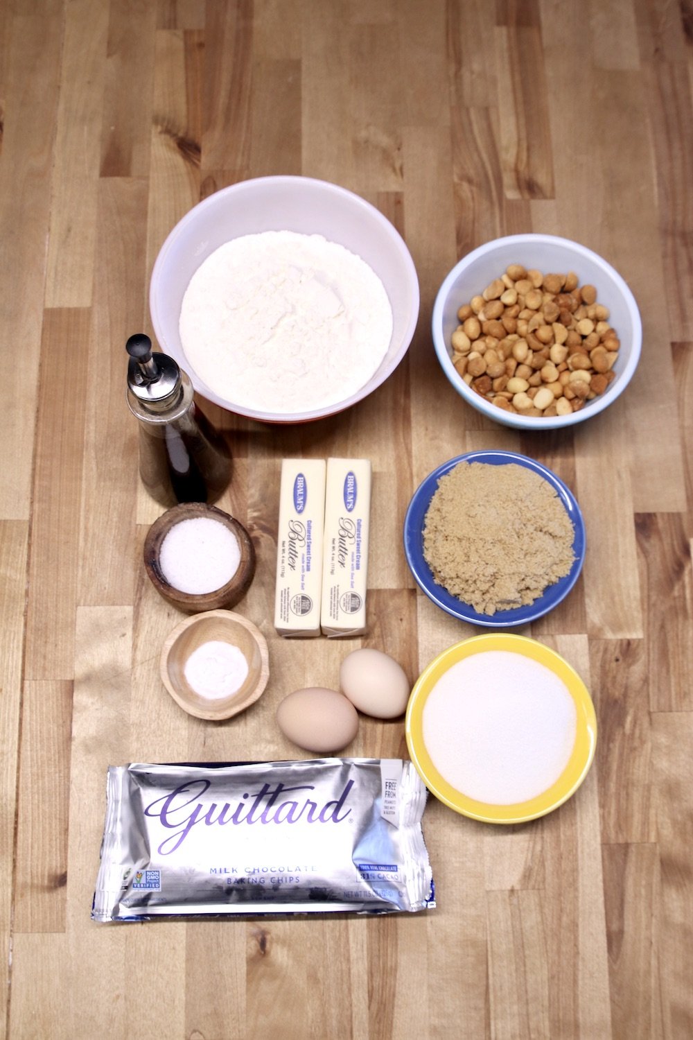 Ingredients for macadamia nut chocolate chip cookies