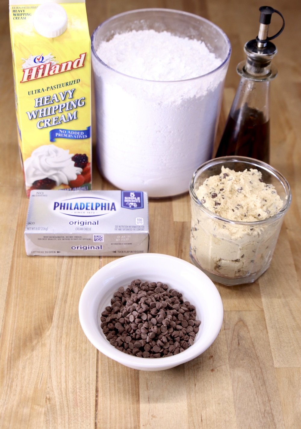 whipping cream, powdered sugar, vanilla extract, cream cheese, cookie dough & mini chocolate chips