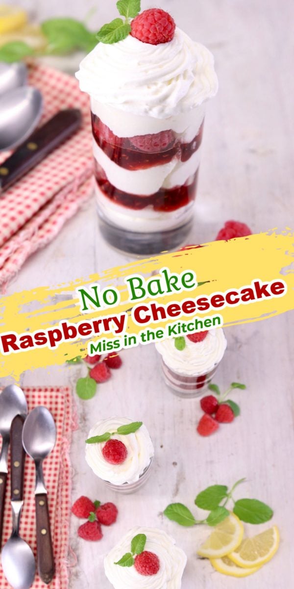 no bake raspberry cheesecake collage, served in a jar and overhead of 3 jars