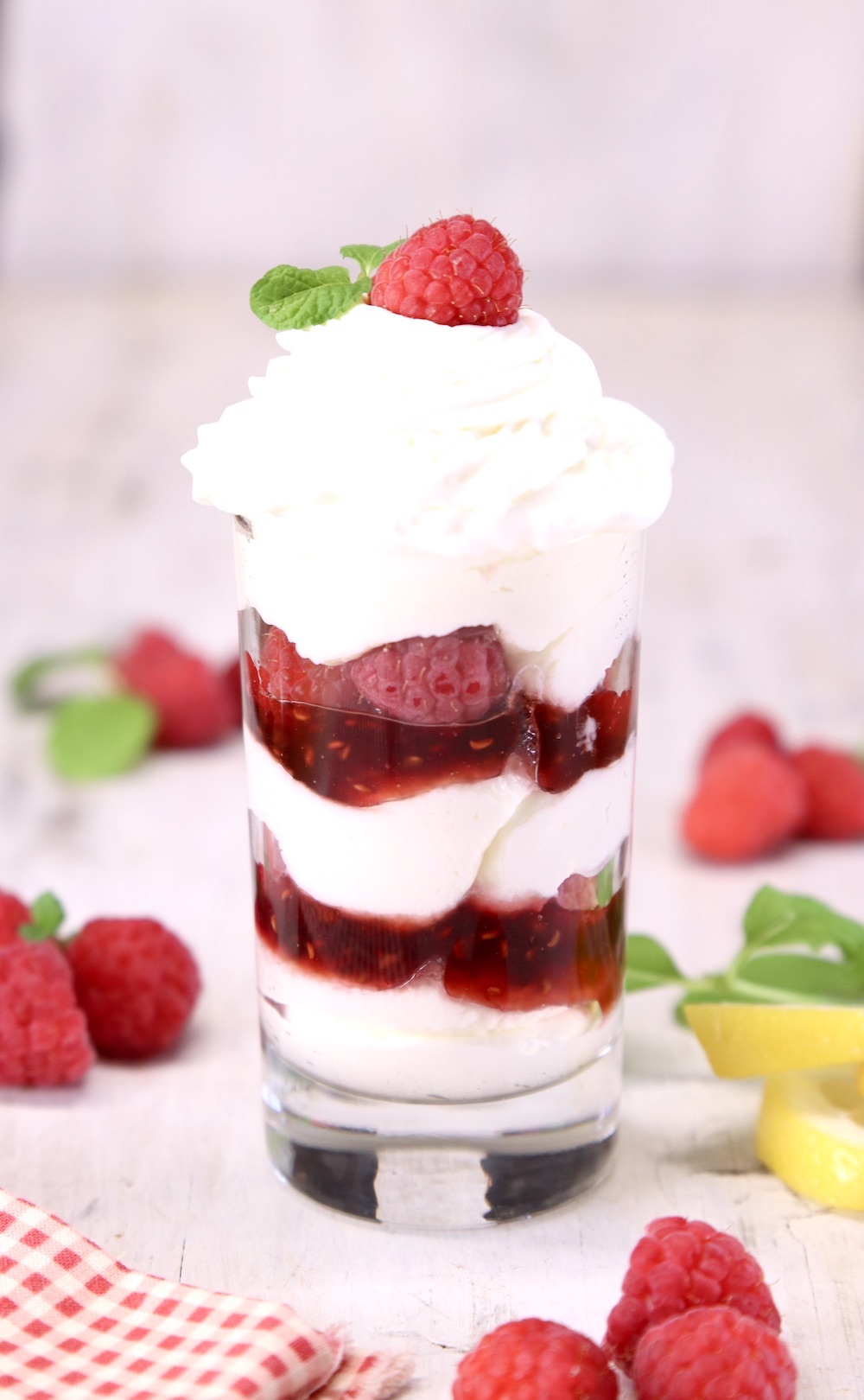 No Bake Raspberry Cheesecake in a small glass