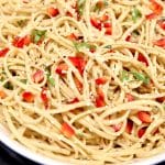 Sesame Pasta Salad with red bell peppers and green onions.