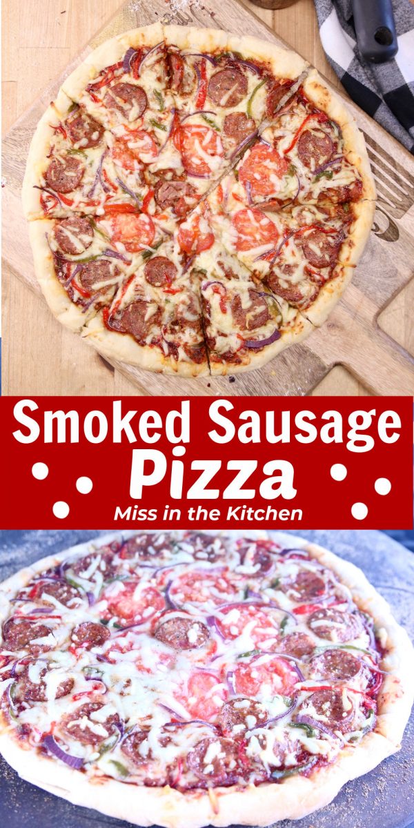 Smoked Sausage Pizza collage - cooked and on the grill