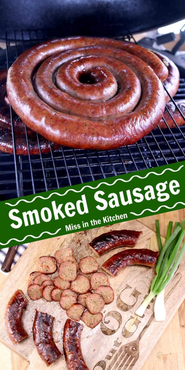 Smoked sausage collage - on the grill and sliced on a board - text overlay