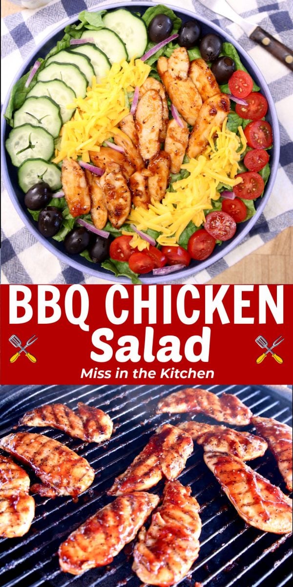 BBQ Chicken Salad Collage - prepared salad/ bbq chicken tenders on grill