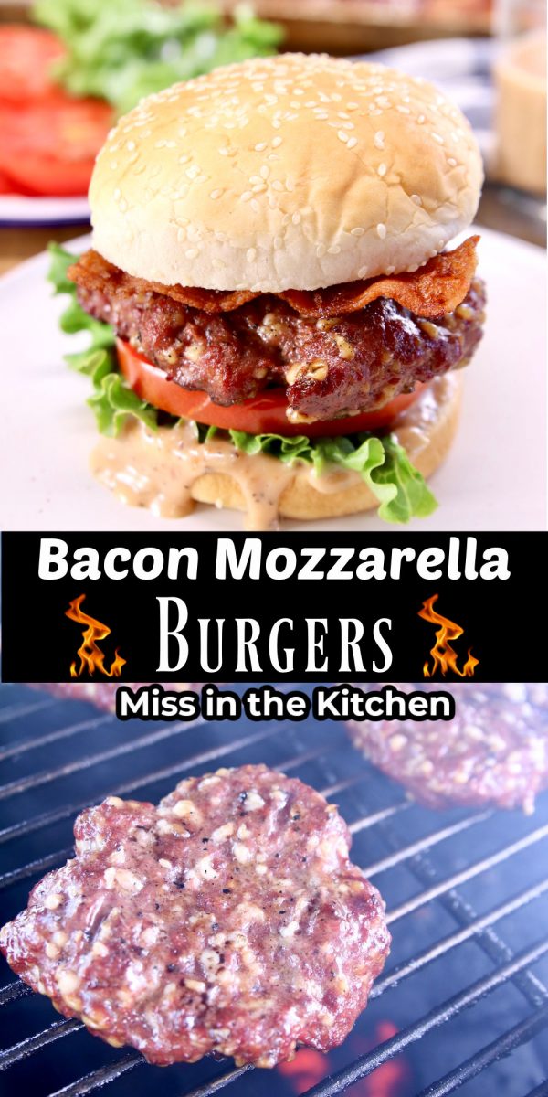collage of grilled burgers - on a bun and cooking on grill - text overlay