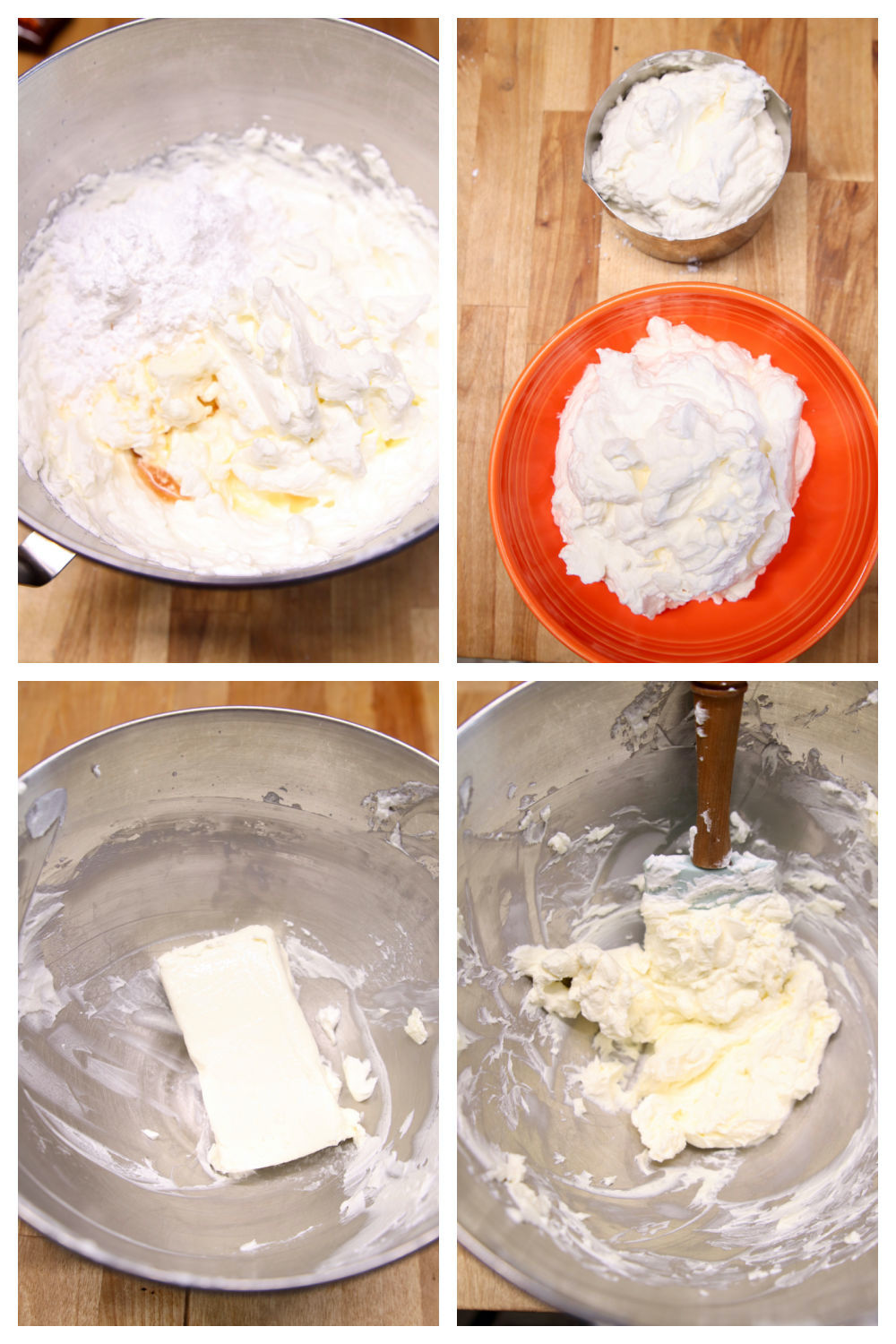 Making no bake cheesecake with whipping cream, vanilla, powdered sugar and cream cheese - collage