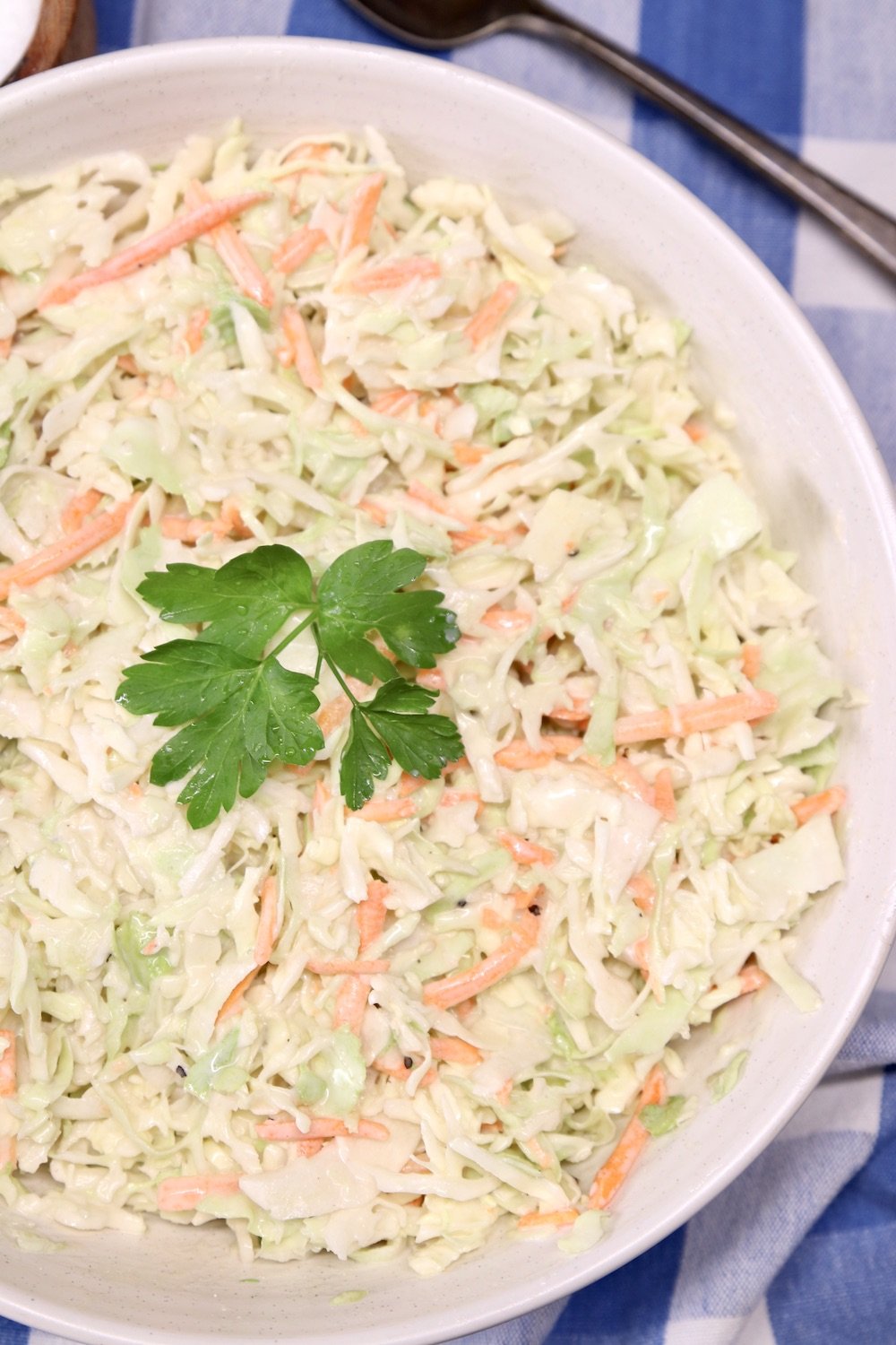 Bowl of coleslaw with parsley garnish on a blue check napkin