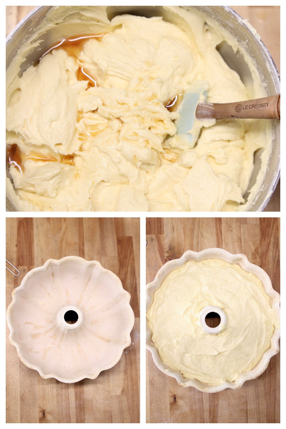 folding vanilla extract into cake batter, floured bundt pan, pan with cake batter