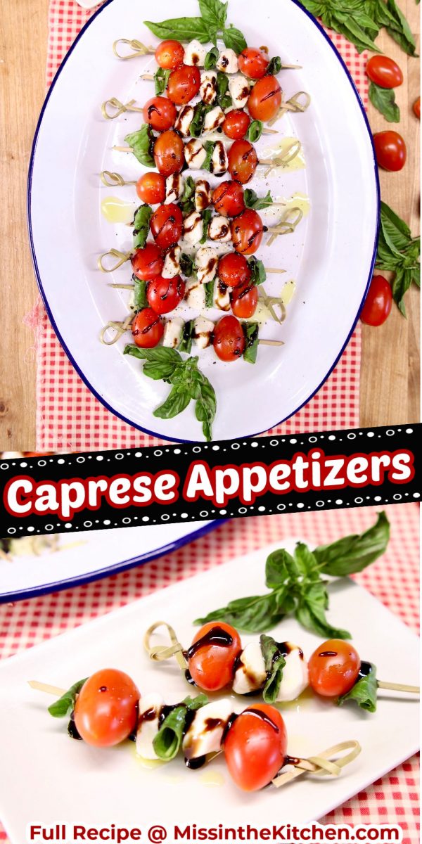 Caprese Appetizers collage: on serving platter/ 2 on a plate