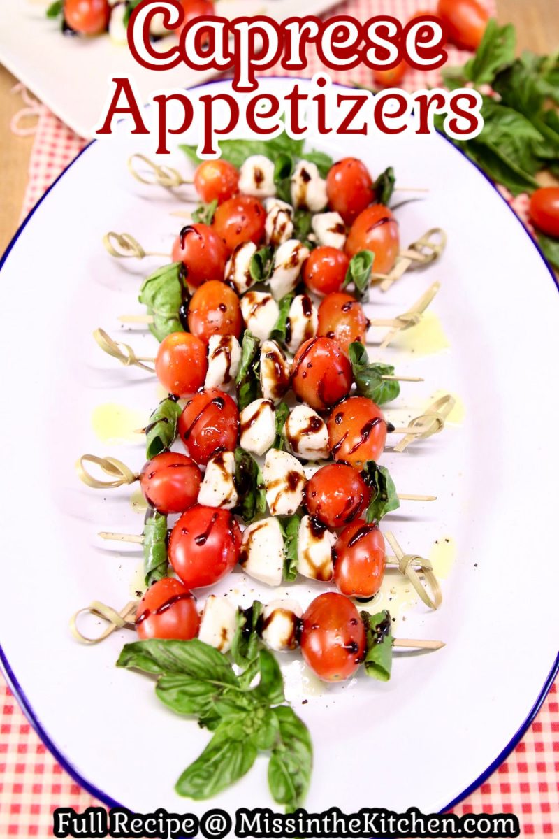 Platter of caprese appetizers with text overlay