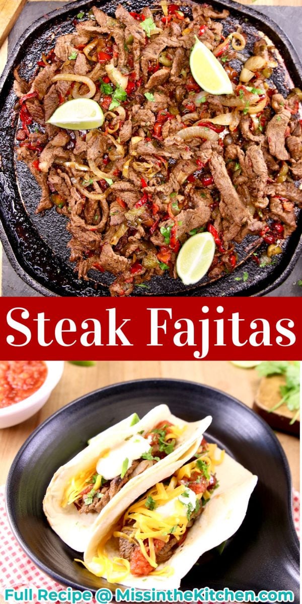 Grilled Steak Fajitas Collage: meat and peppers on a griddle topped with lime wedges / plated in flour tortillas