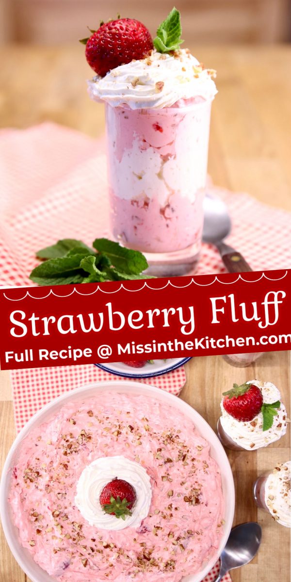 strawberry fluff collage: small serving glass/serving bowl