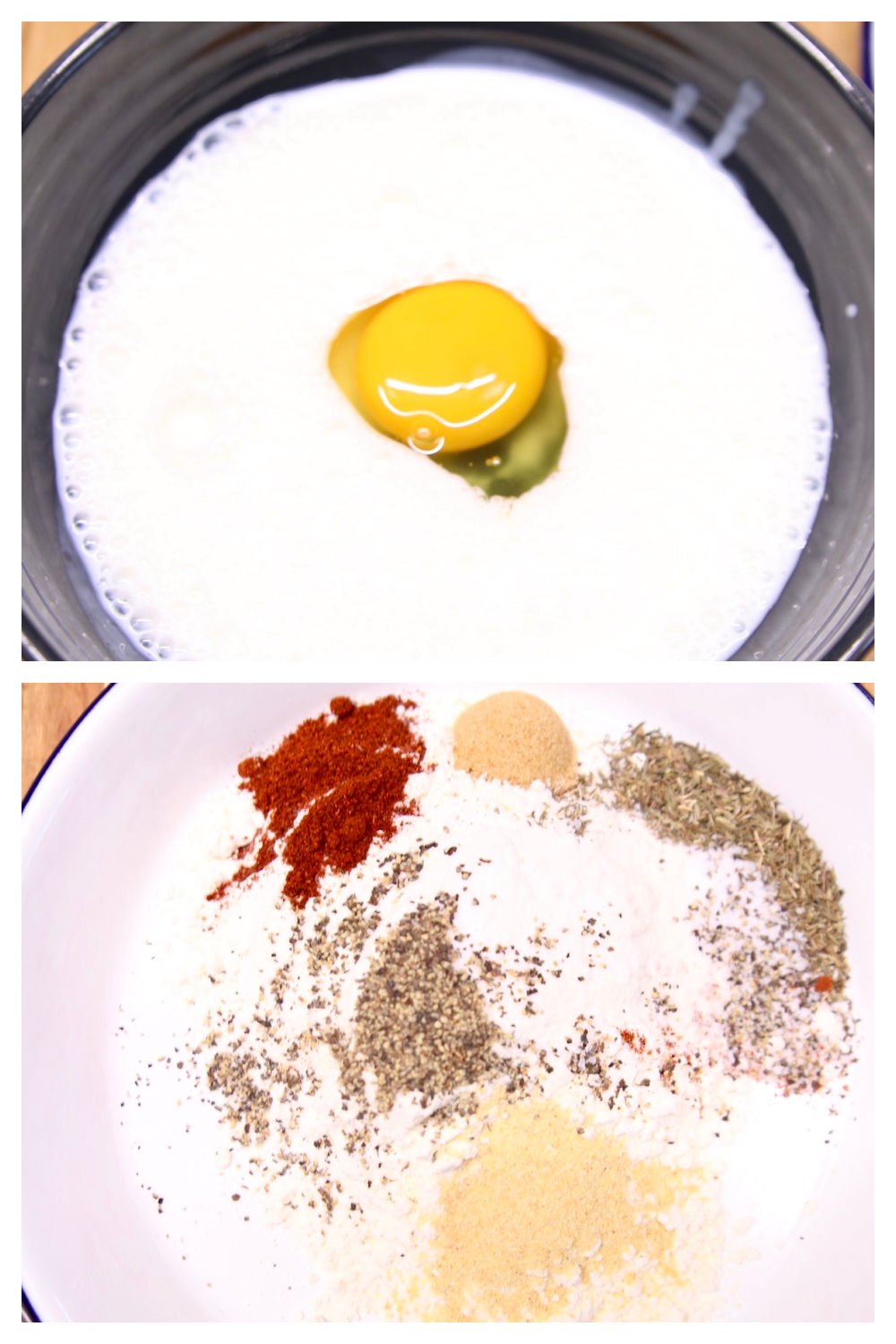 collage: bowl with buttermilk and egg/bowl with flour and spices