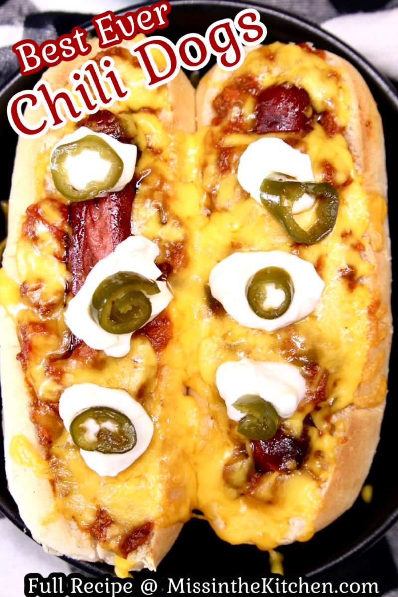 Closeup of 2 chili cheese dogs - text overlay
