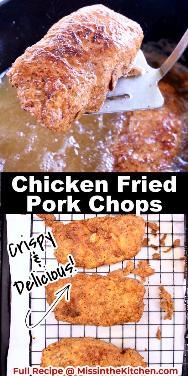 chicken fried pork chops collage: frying/draining on wire rack