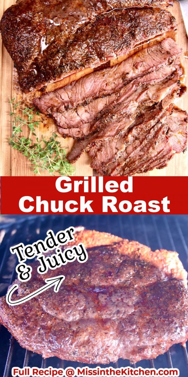 Grilled Chuck Roast collage - sliced / on a grill
