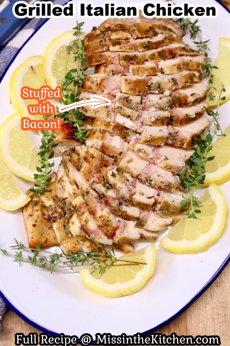 Grilled Italian Chicken Breast sliced on a plate with text overlay