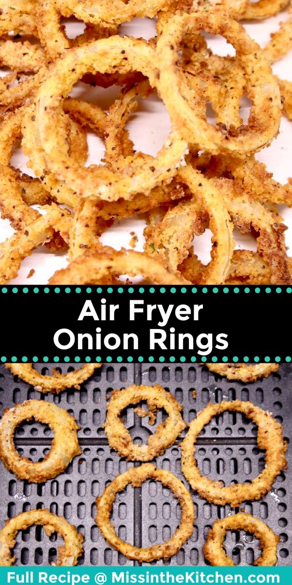 Air Fryer Onion Rings collage: close up and in air fryer basket