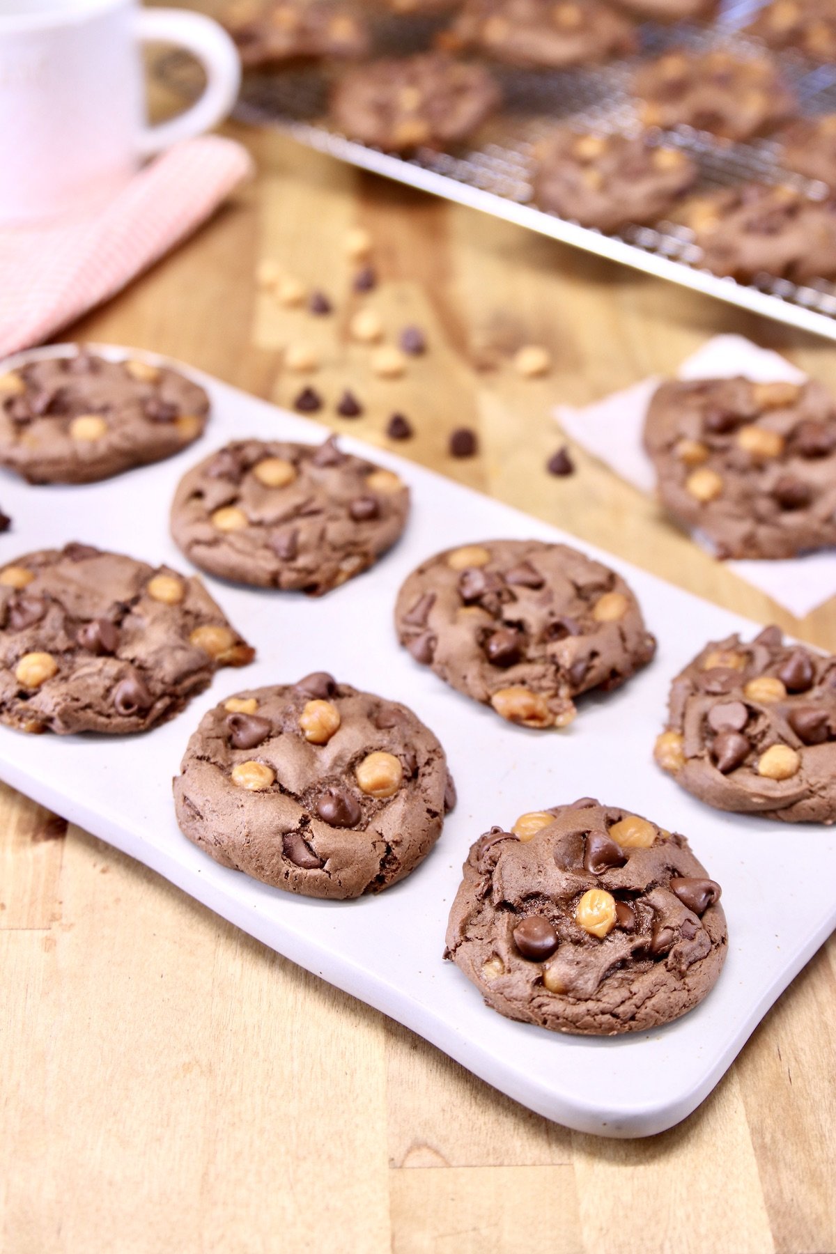 platter of chocolate cookies with caramel bits