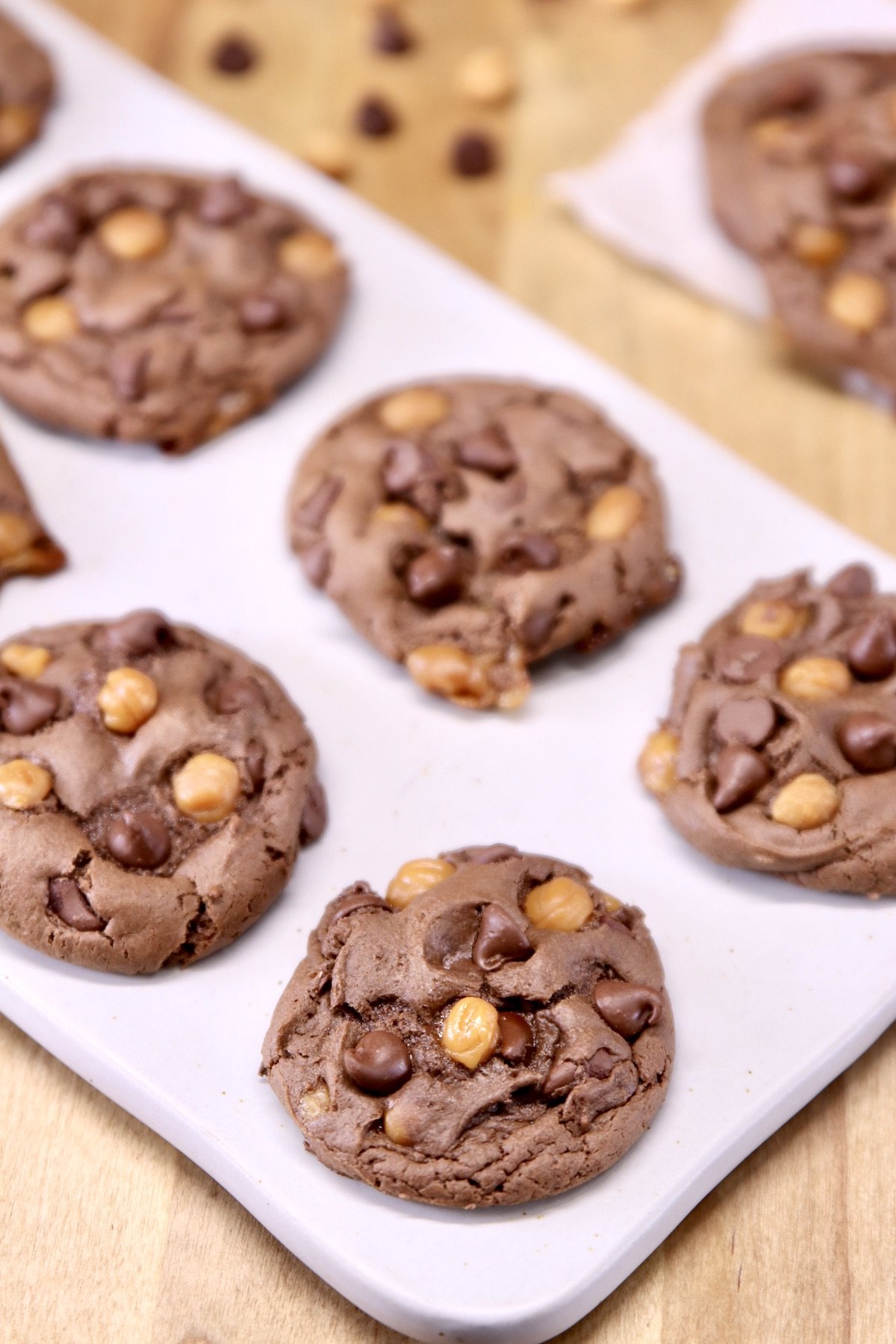 Chocolate Caramel Cake Mix Cookies on a serving board
