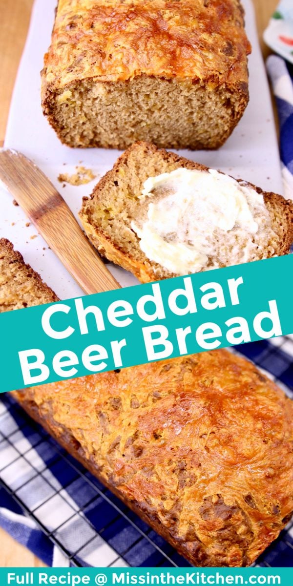 cheddar beer bread collage: sliced/ loaf in pan
