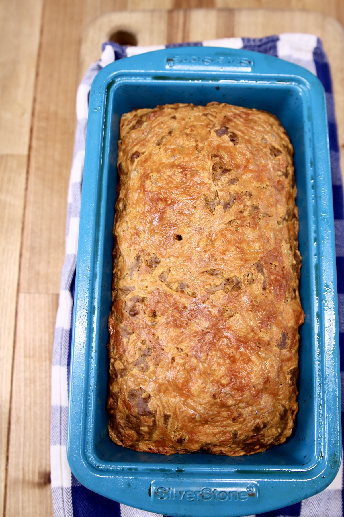 loaf pan with cheddar beer bread