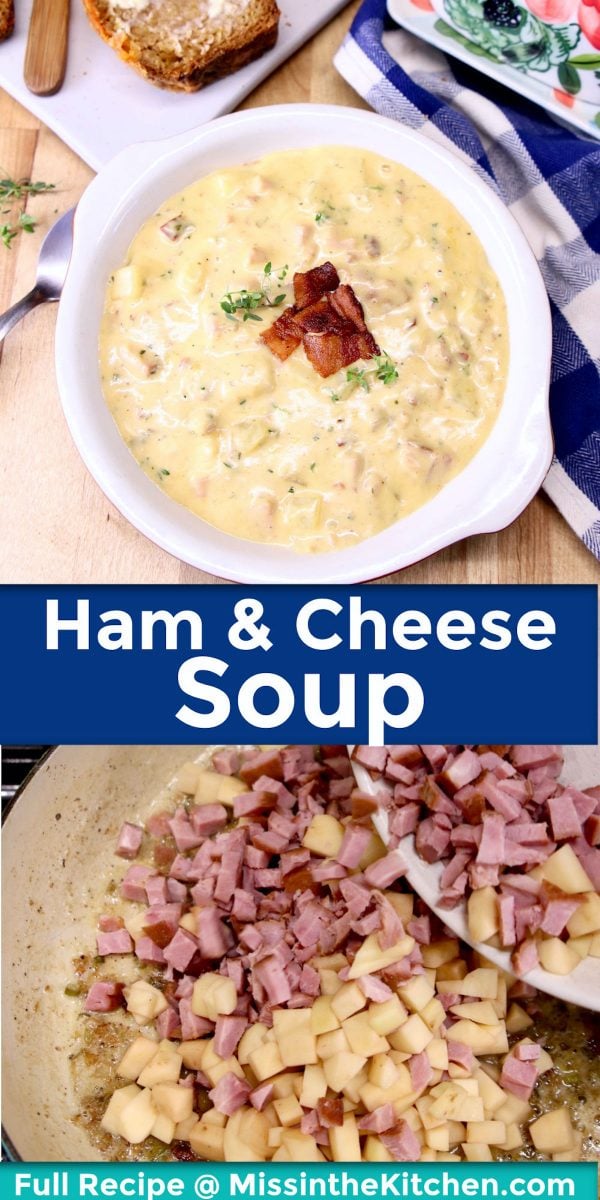 collage ham and cheese soup: in a bowl/ adding potatoes and ham to pan