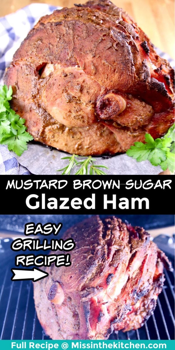 collage of mustard glazed ham: platter with cooked ham/on grill