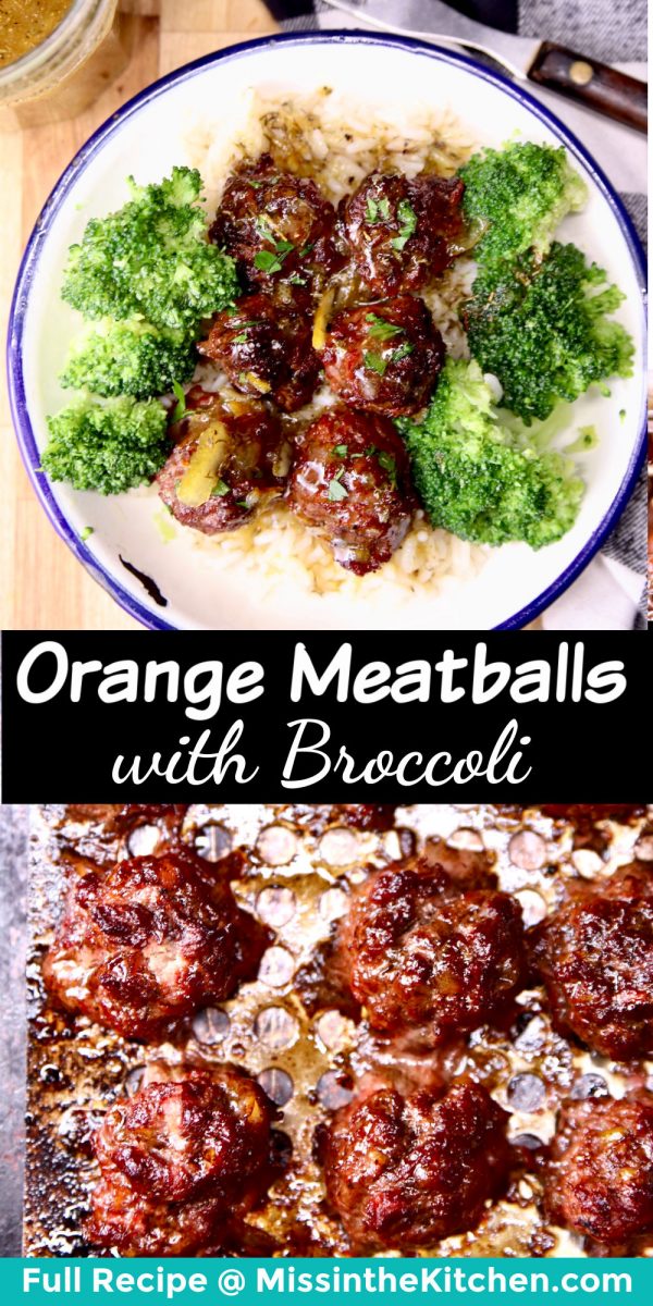 Orange Meatballs with Broccoli Collage: plated/meatballs on grill pan