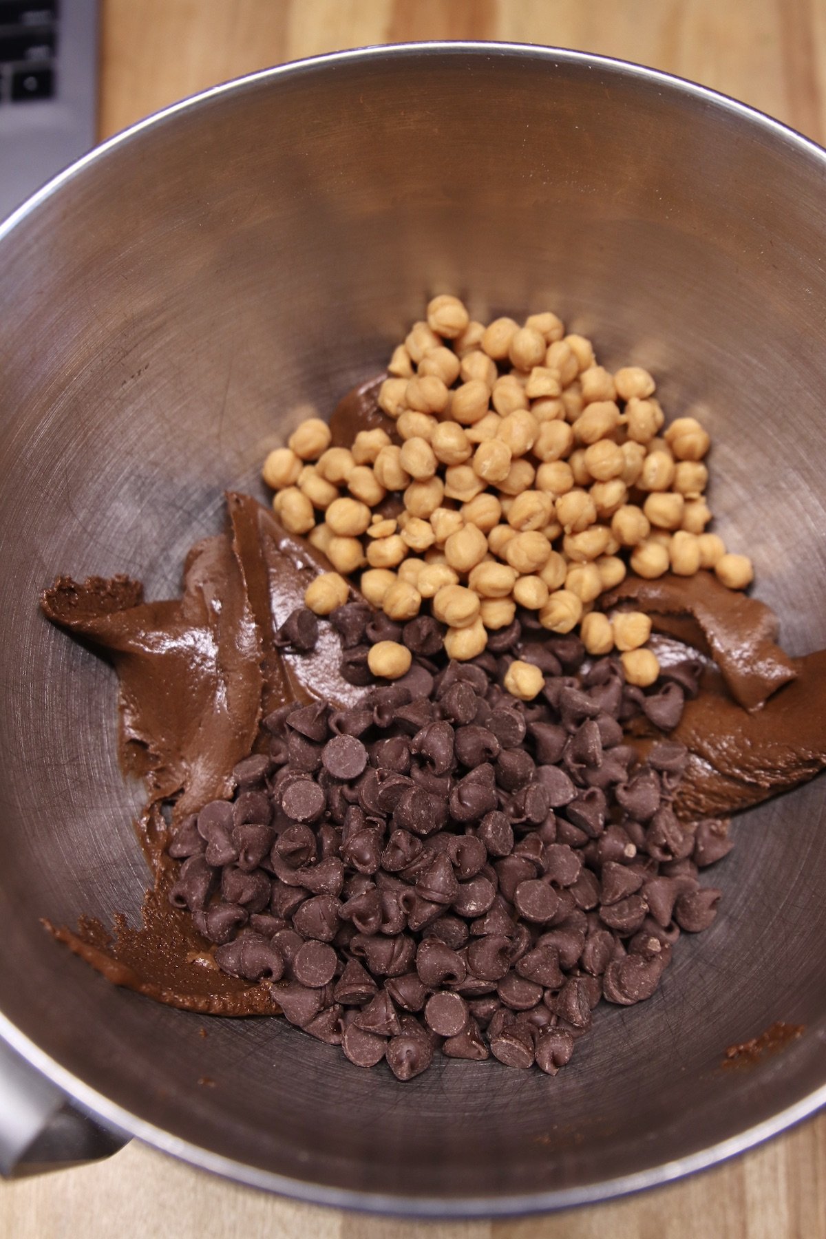chocolate cookie dough with chocolate chips and caramel bits - not mixed